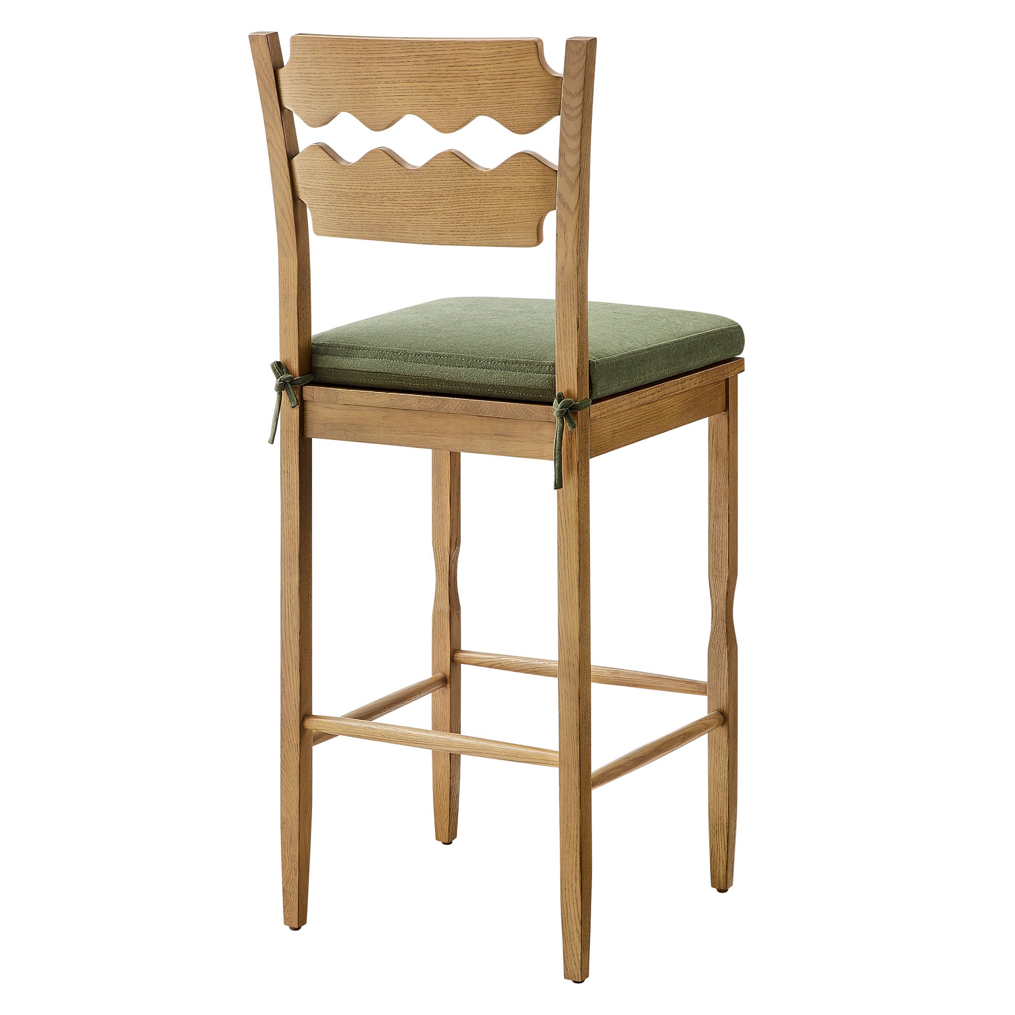 Jax Oak Wood Bar Stool With Wavy Razor Back and Cushion - Weathered Oak Sage