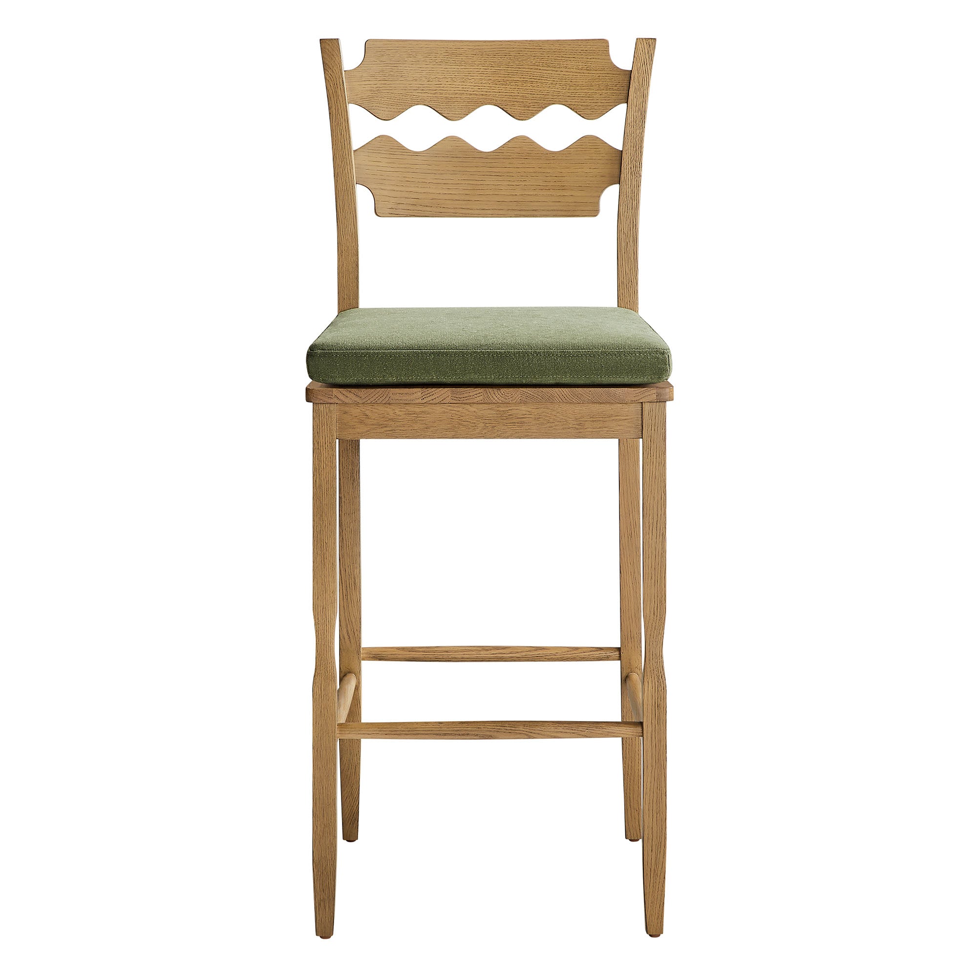 Jax Oak Wood Bar Stool With Wavy Razor Back and Cushion - Weathered Oak Sage