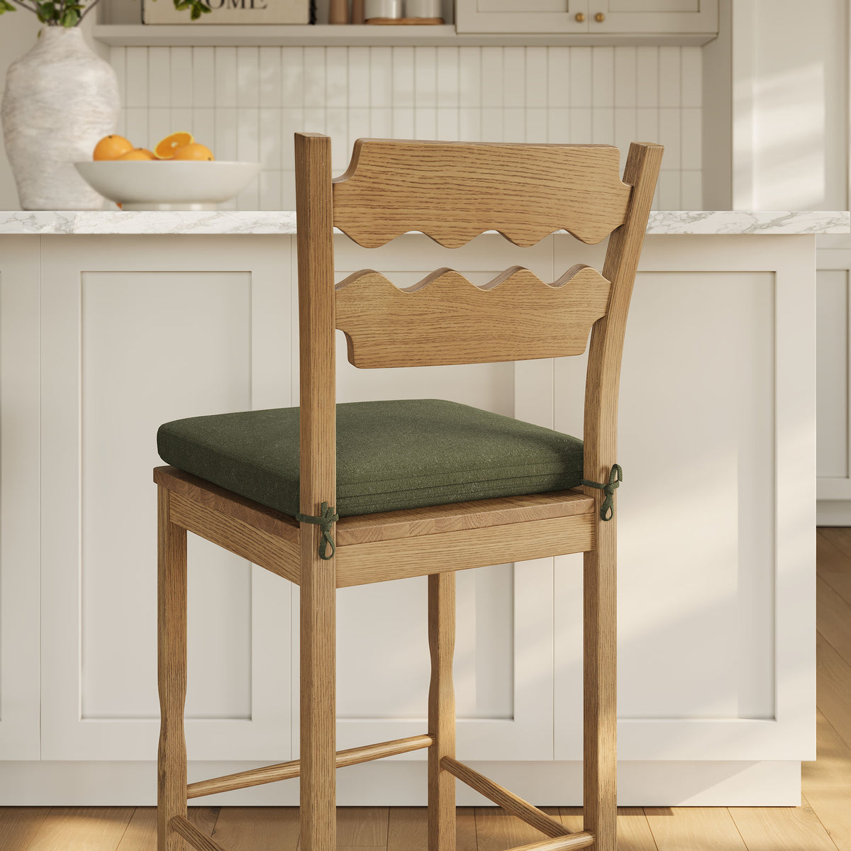 Jax Oak Wood Bar Stool With Wavy Razor Back and Cushion - Weathered Oak Sage