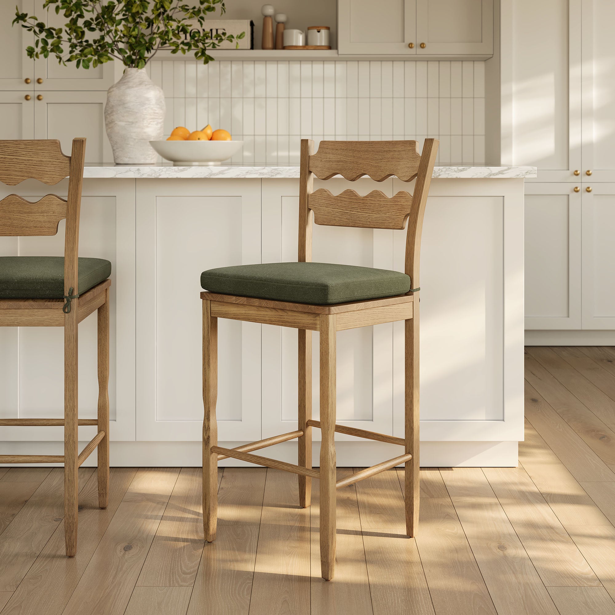 Jax Oak Wood Bar Stool With Wavy Razor Back and Cushion - Weathered Oak Sage