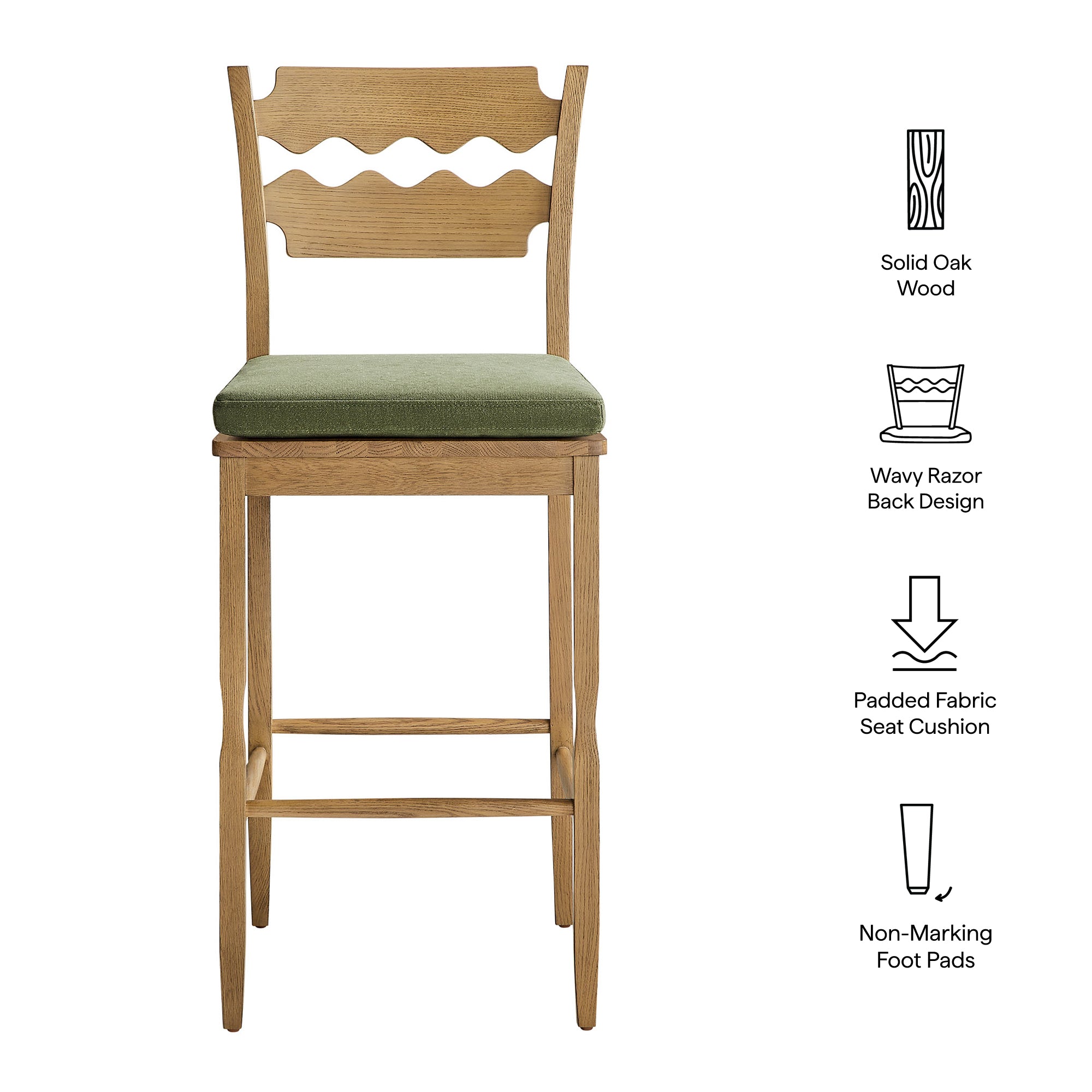 Jax Oak Wood Bar Stool With Wavy Razor Back and Cushion - Weathered Oak Sage