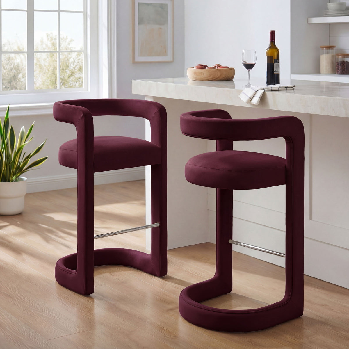 Winslow Performance Velvet Bar Stool Set of 2 - Mulberry