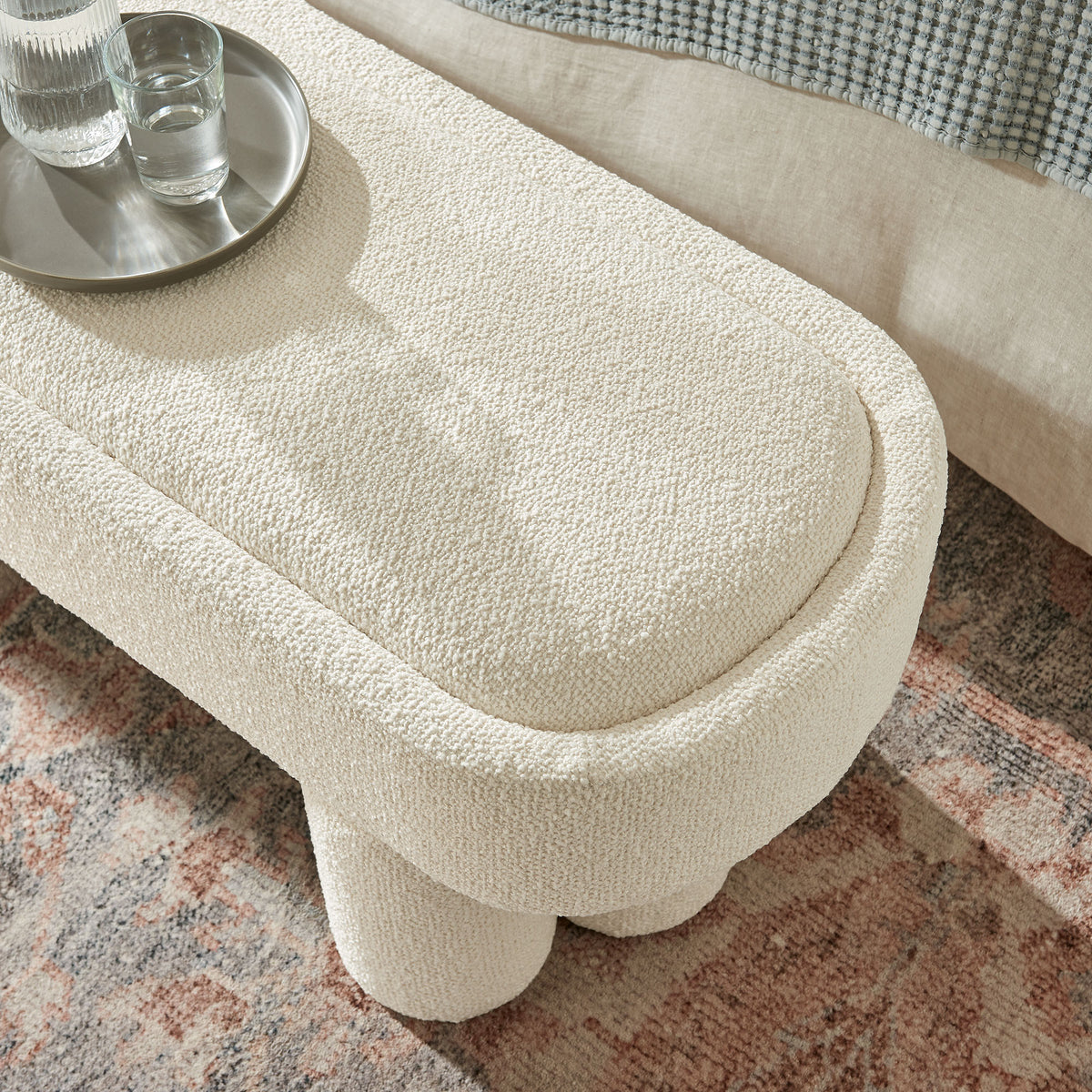 Mossi 52-Inch Oval Boucle Fabric Bench - Cream