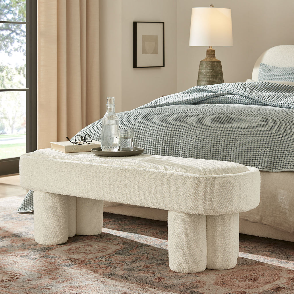 Mossi 52-Inch Oval Boucle Fabric Bench - Cream