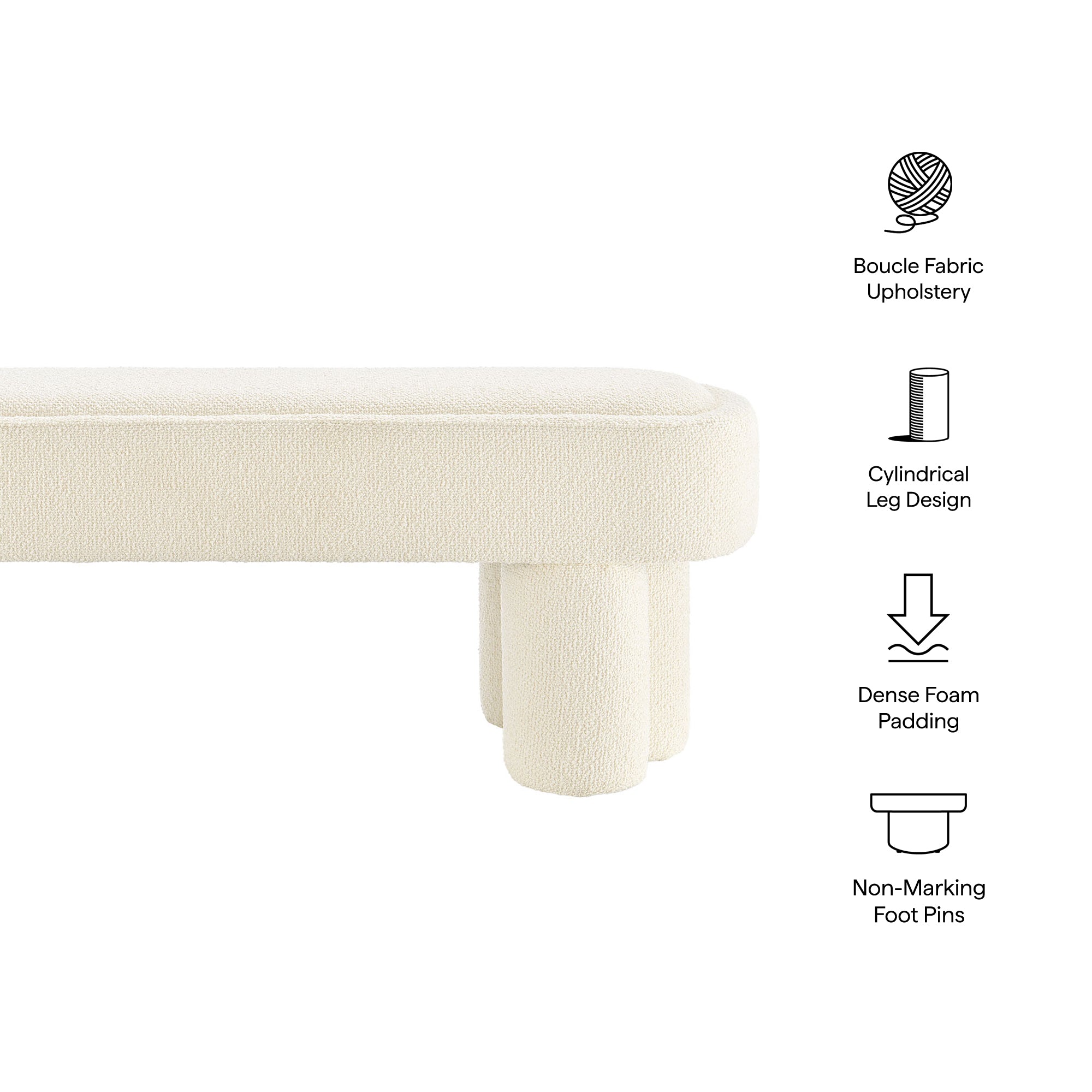 Mossi 52-Inch Oval Boucle Fabric Bench - Cream
