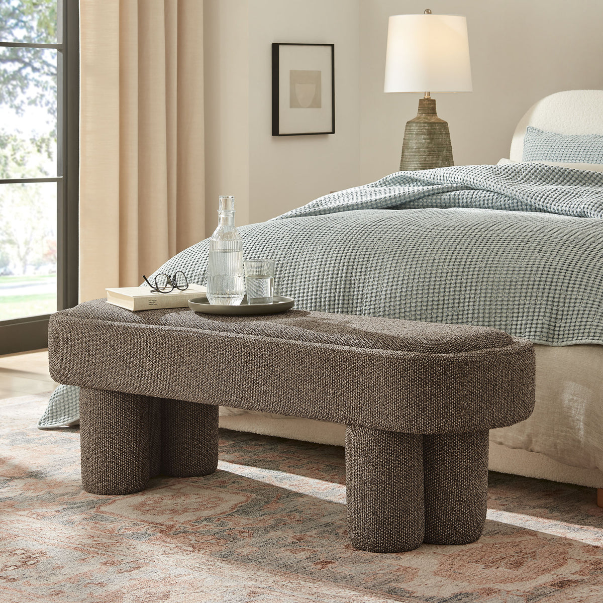 Mossi 52-Inch Oval Boucle Fabric Bench - Earth