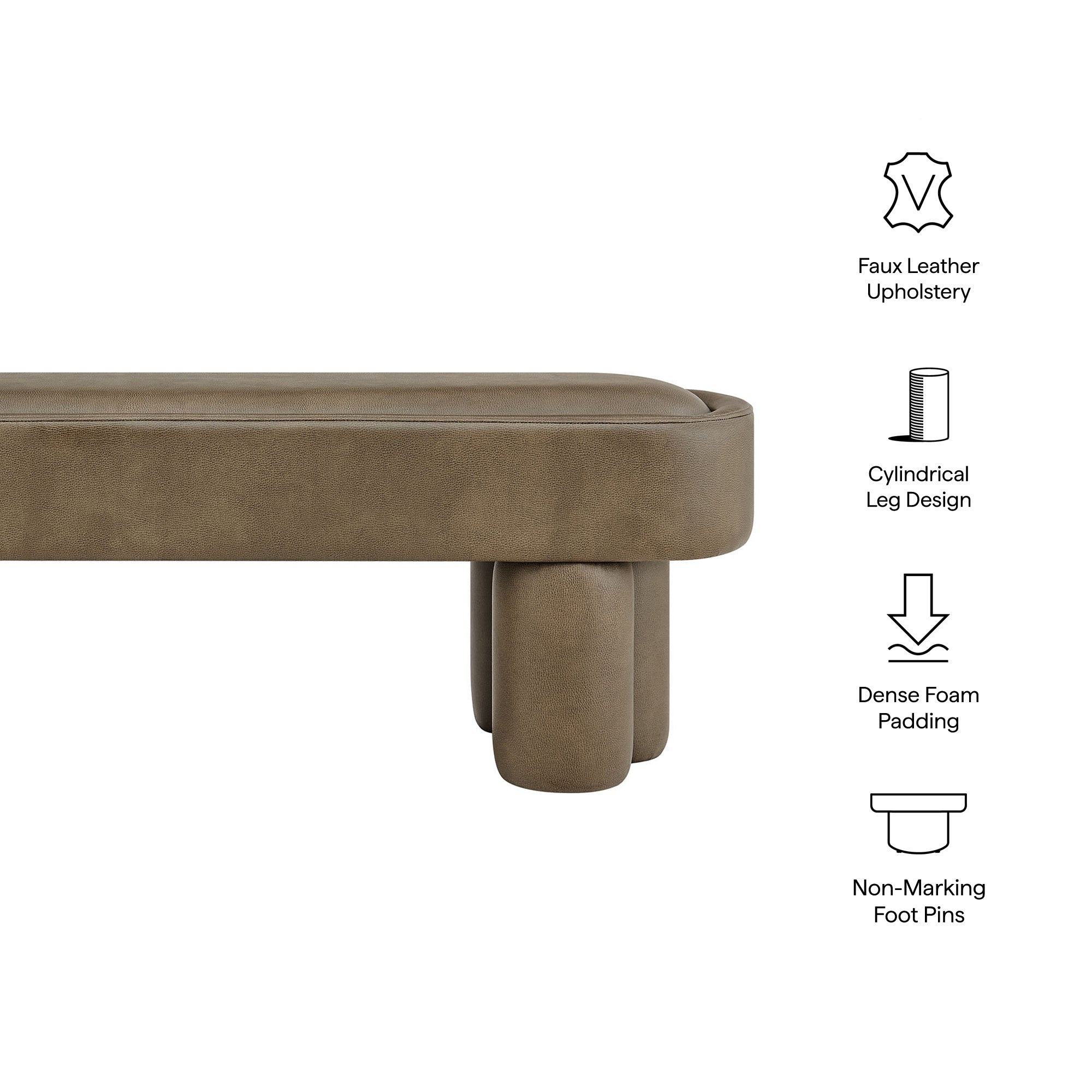 Mossi 52-Inch Oval Vegan Leather Bench - Mushroom