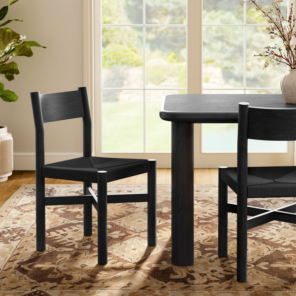 Alvia Oak Wood Dining Side Chair With Woven Seat - Black