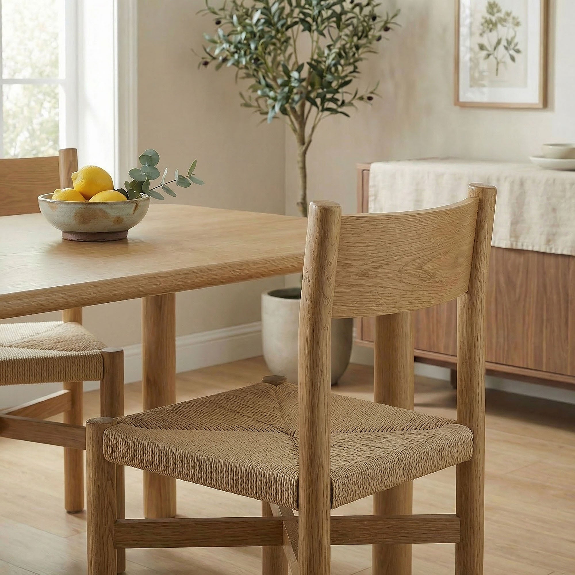 Alvia Oak Wood Dining Side Chair With Woven Seat - Weathered Oak