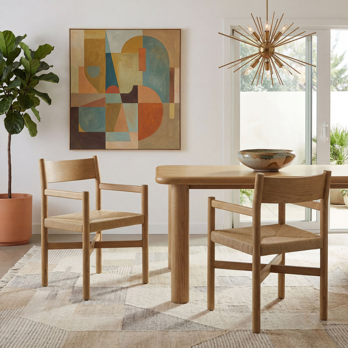 Alvia Oak Wood Dining Armchairs With Woven Seats Set of 2 - Weathered Oak