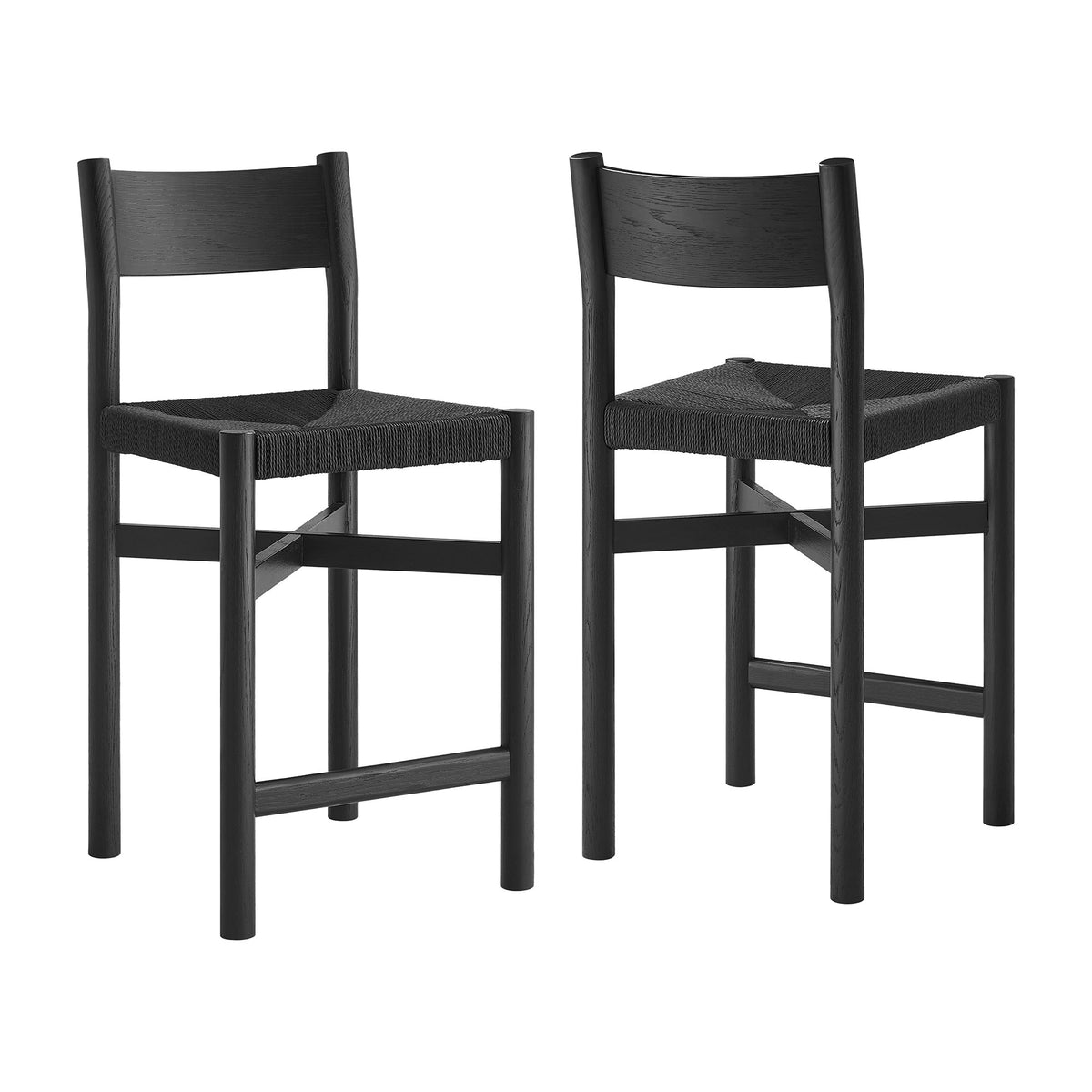 Alvia Oak Wood Counter Stools With Woven Seats Set of 2 - Black
