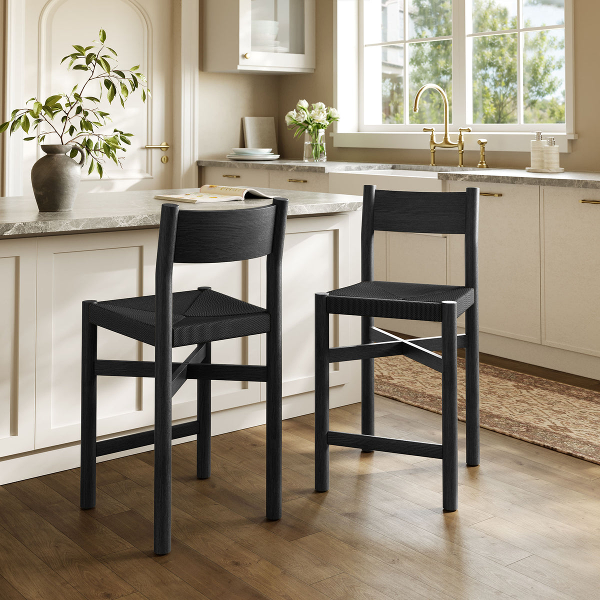 Alvia Oak Wood Counter Stools With Woven Seats Set of 2 - Black