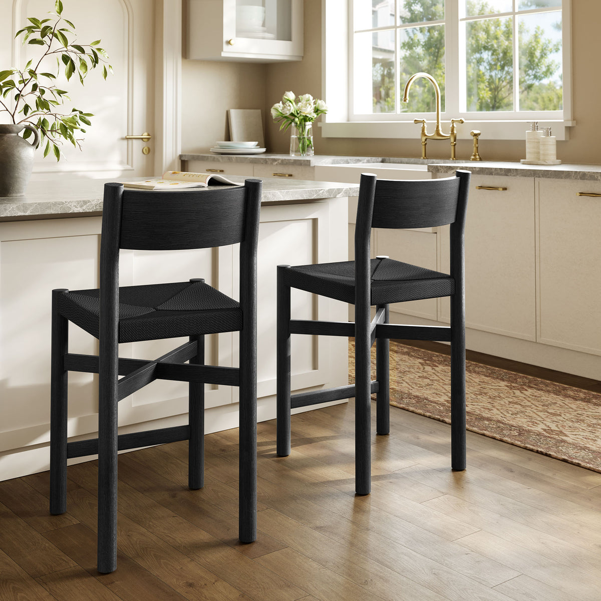 Alvia Oak Wood Counter Stools With Woven Seats Set of 2 - Black