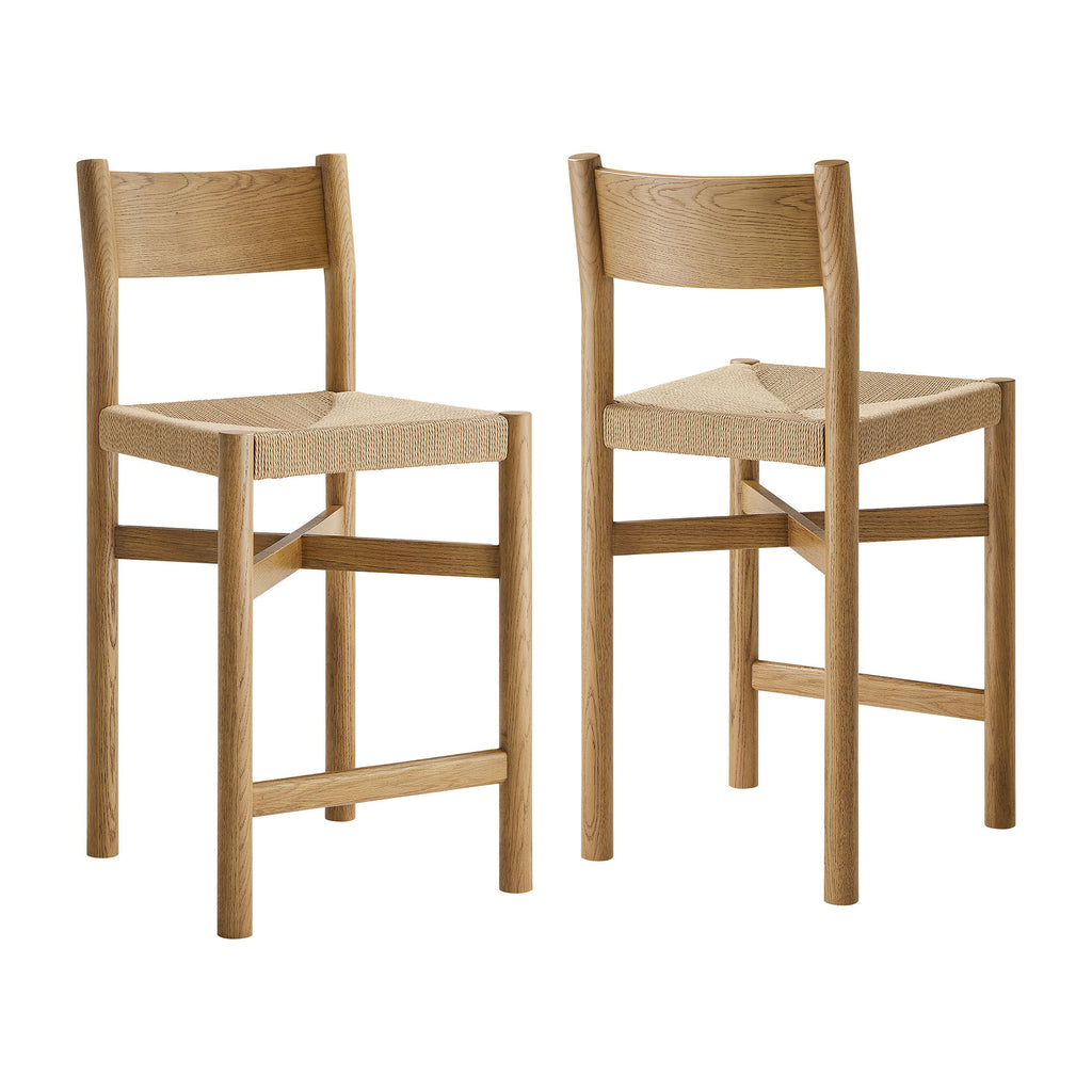 Alvia Oak Wood Counter Stools With Woven Seats Set of 2 - Weathered Oak