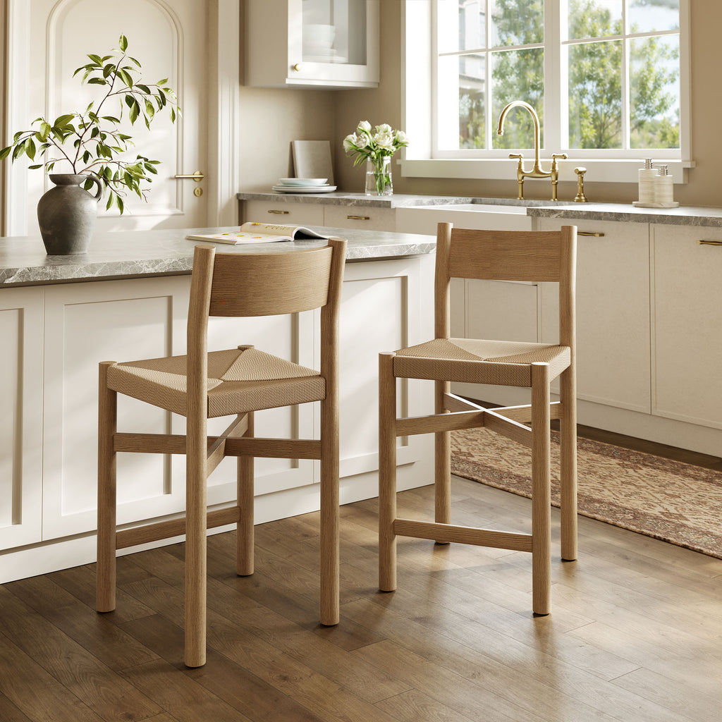 Alvia Oak Wood Counter Stools With Woven Seats Set of 2 - Weathered Oak