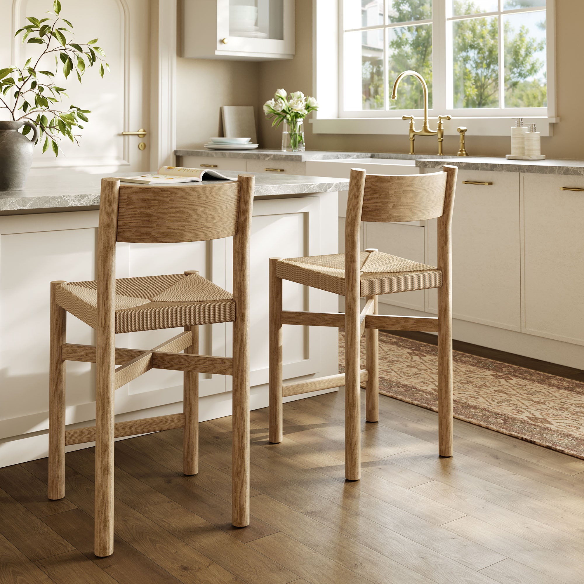 Alvia Oak Wood Counter Stools With Woven Seats Set of 2 - Weathered Oak