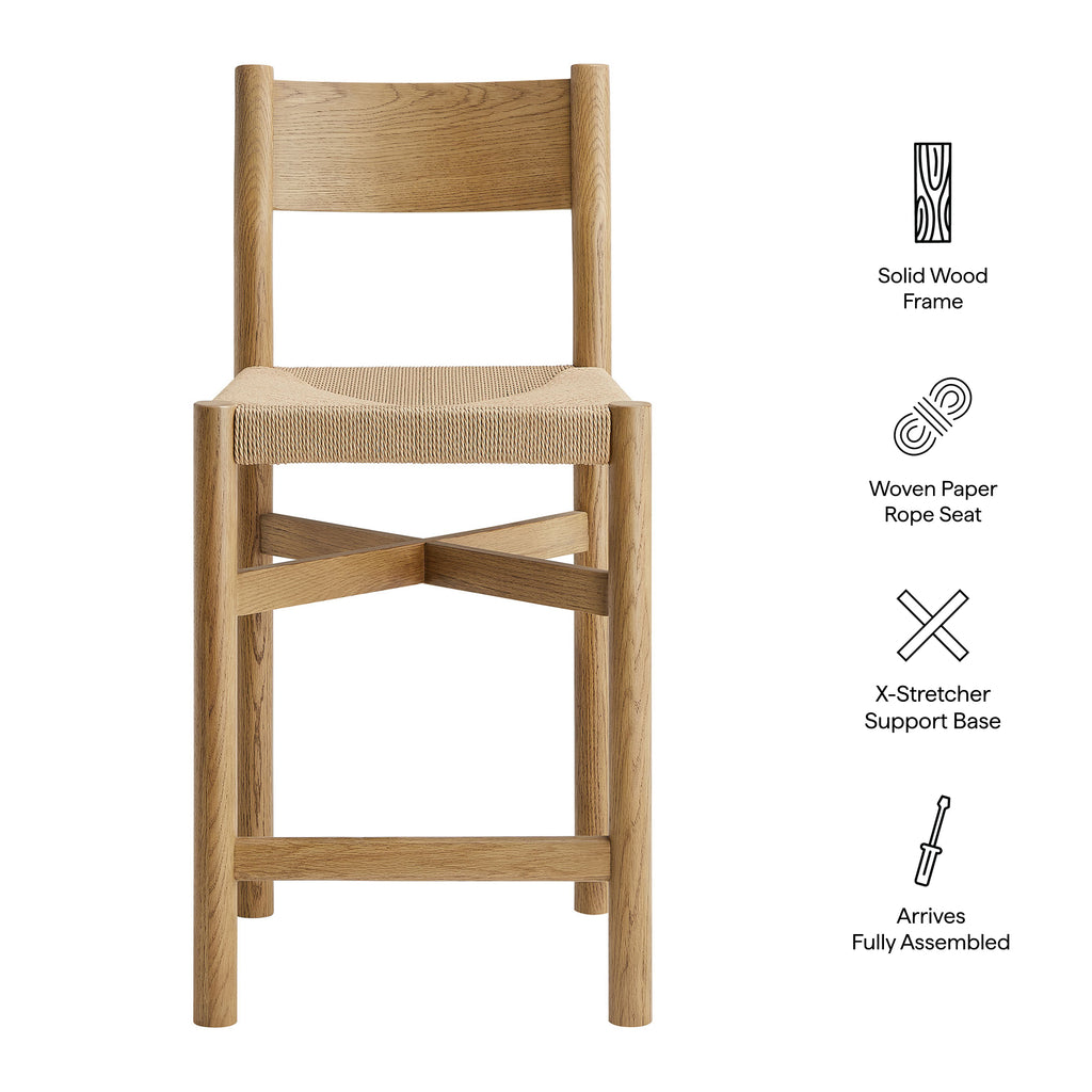 Alvia Oak Wood Counter Stools With Woven Seats Set of 2 - Weathered Oak