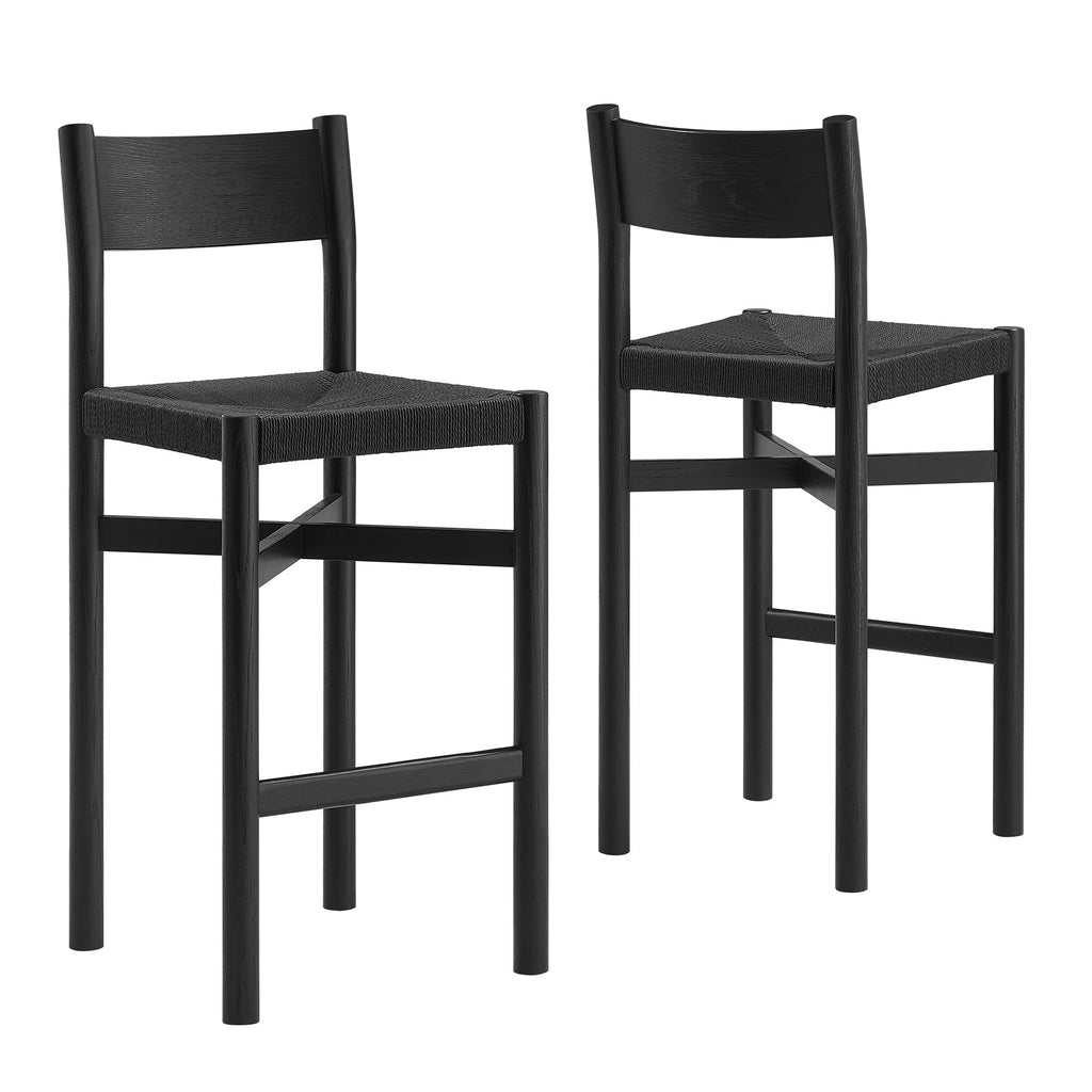 Alvia Oak Wood Bar Stools With Woven Seats Set of 2 - Black