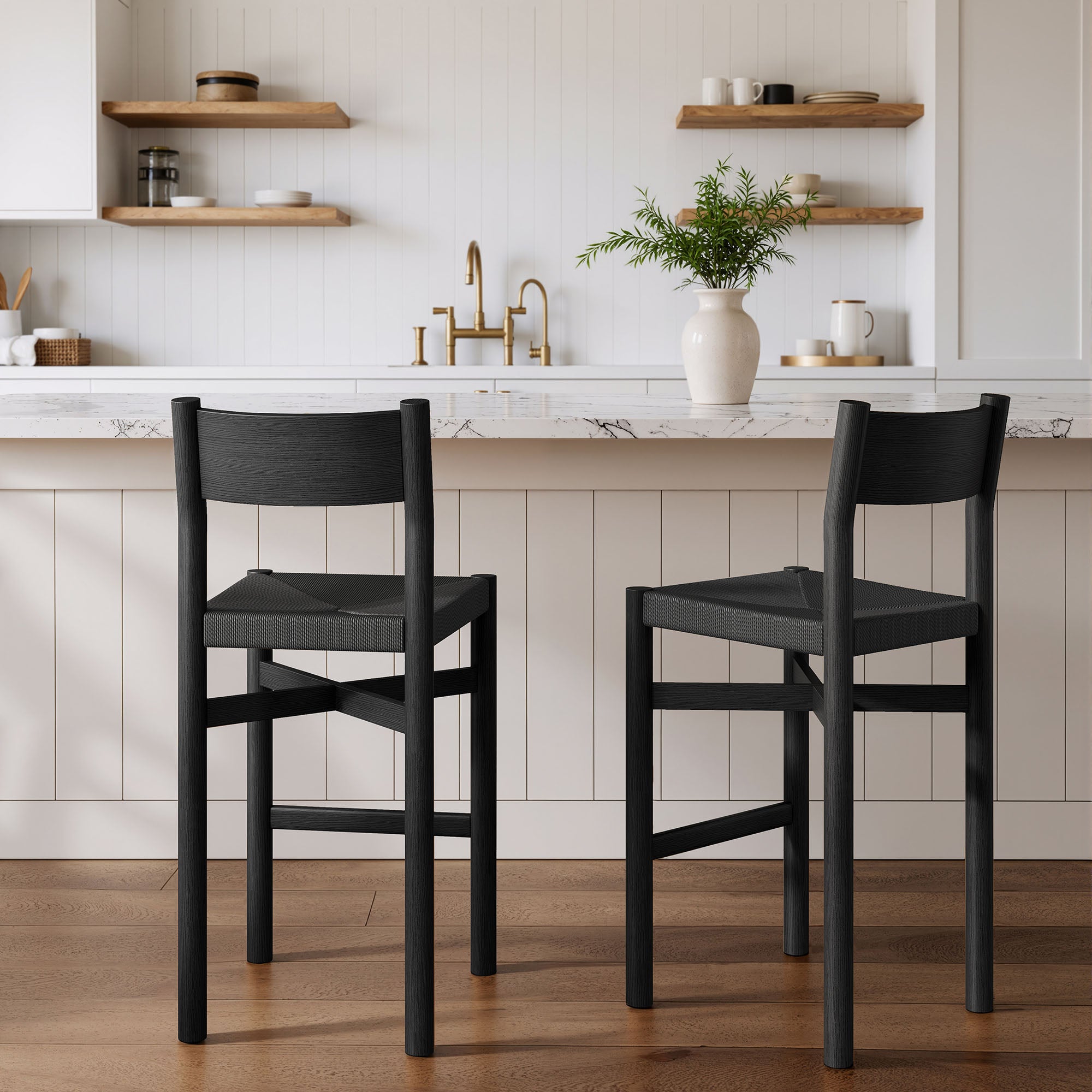 Alvia Oak Wood Bar Stools With Woven Seats Set of 2 - Black
