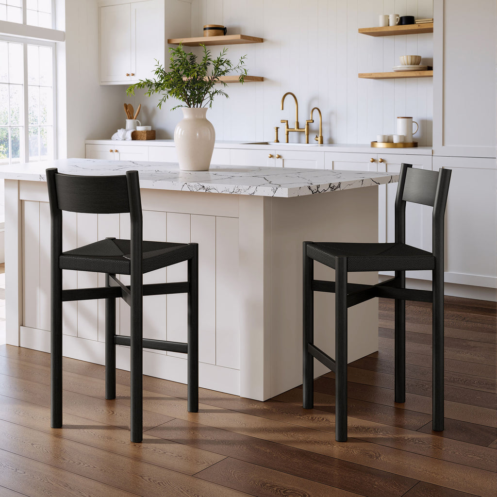 Alvia Oak Wood Bar Stools With Woven Seats Set of 2 - Black