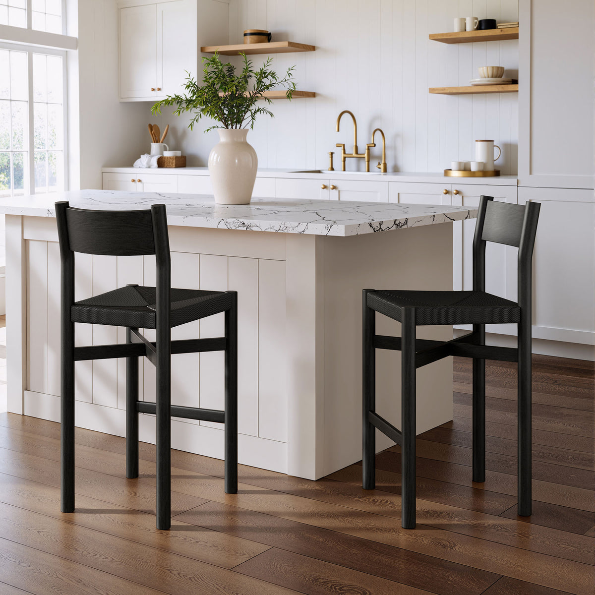 Alvia Oak Wood Bar Stools With Woven Seats Set of 2 - Black