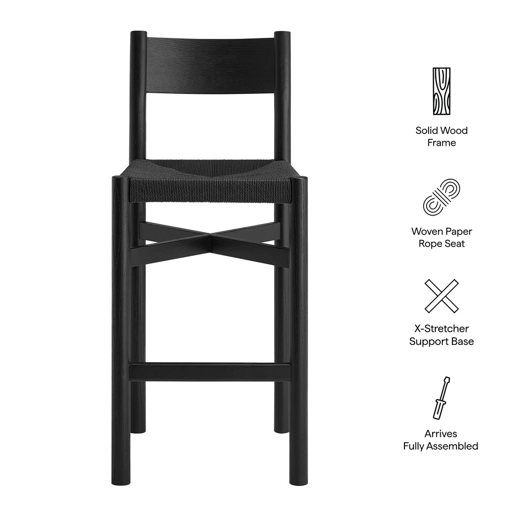 Alvia Oak Wood Bar Stools With Woven Seats Set of 2 - Black