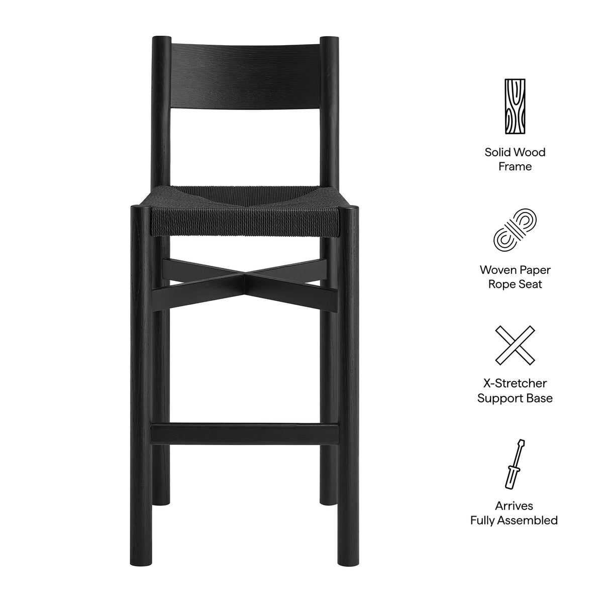 Alvia Oak Wood Bar Stools With Woven Seats Set of 2 - Black