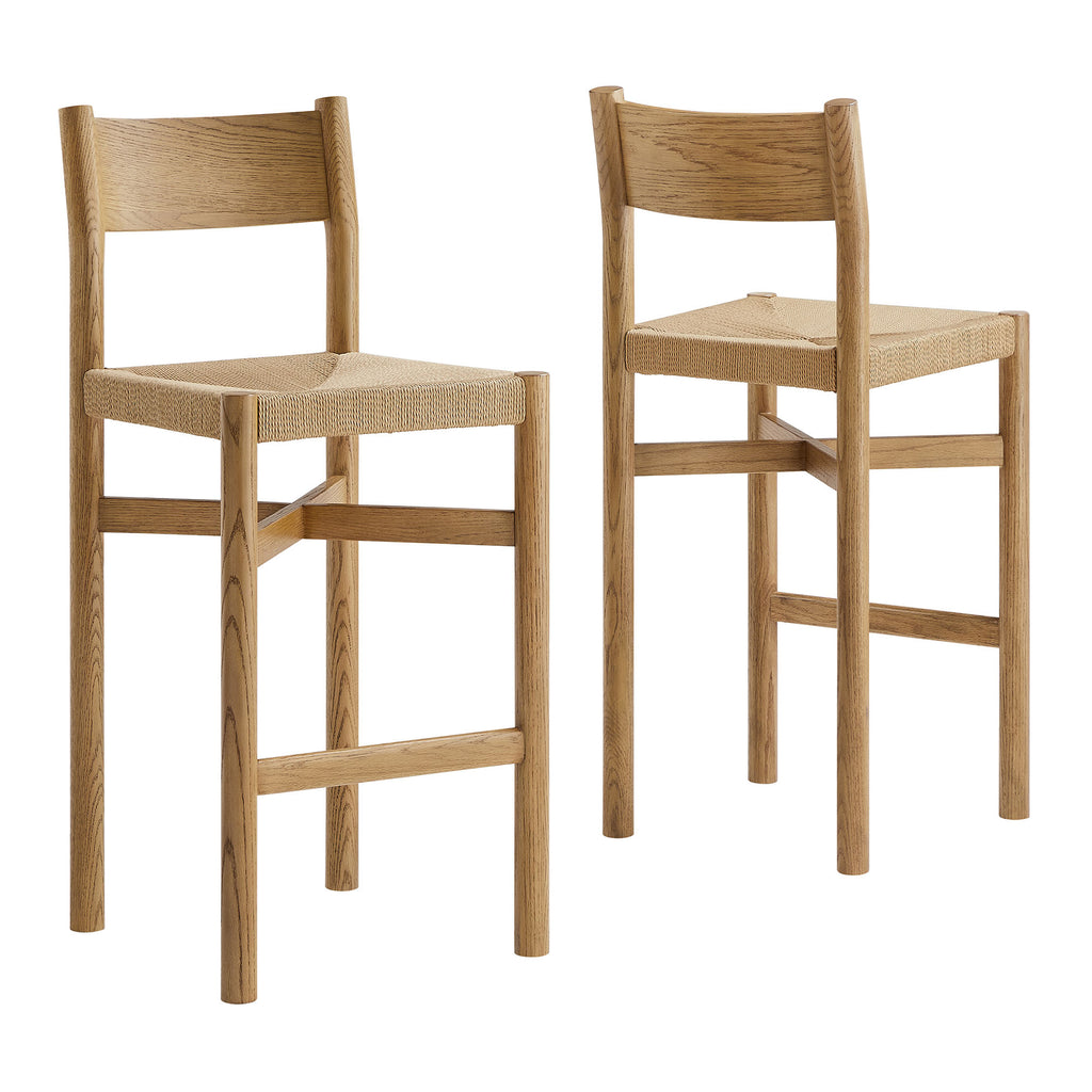 Alvia Oak Wood Bar Stools With Woven Seats Set of 2 - Weathered Oak