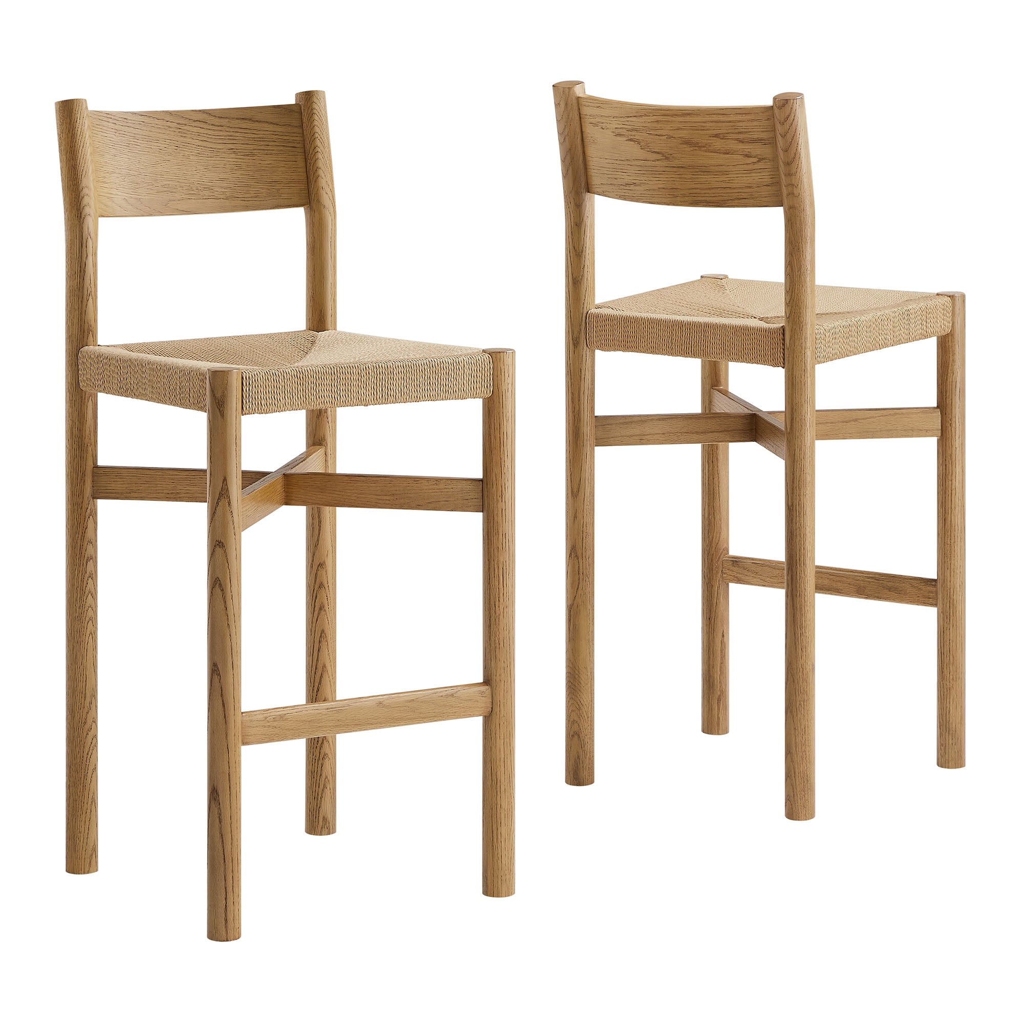 Alvia Oak Wood Bar Stools With Woven Seats Set of 2 - Weathered Oak