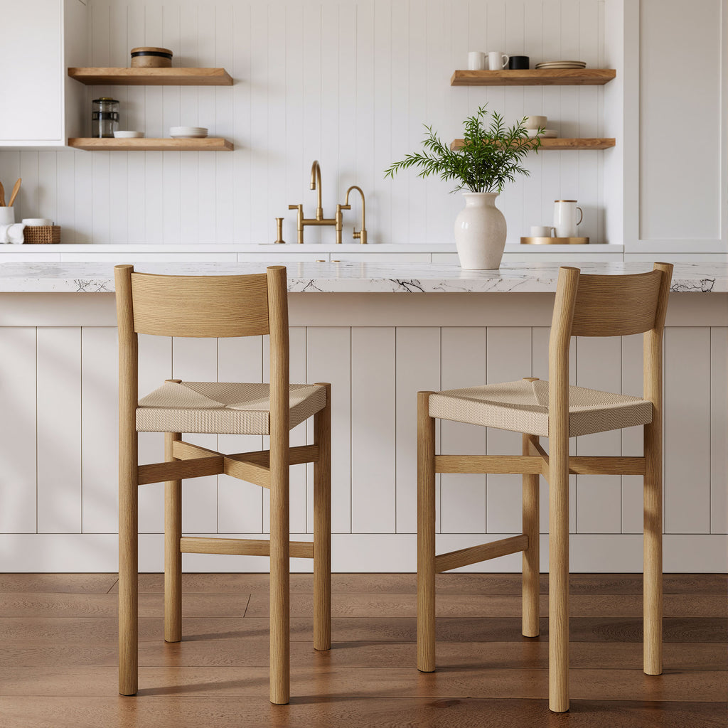 Alvia Oak Wood Bar Stools With Woven Seats Set of 2 - Weathered Oak