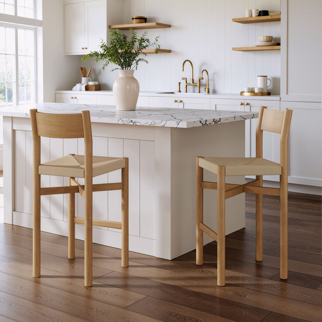 Alvia Oak Wood Bar Stools With Woven Seats Set of 2 - Weathered Oak