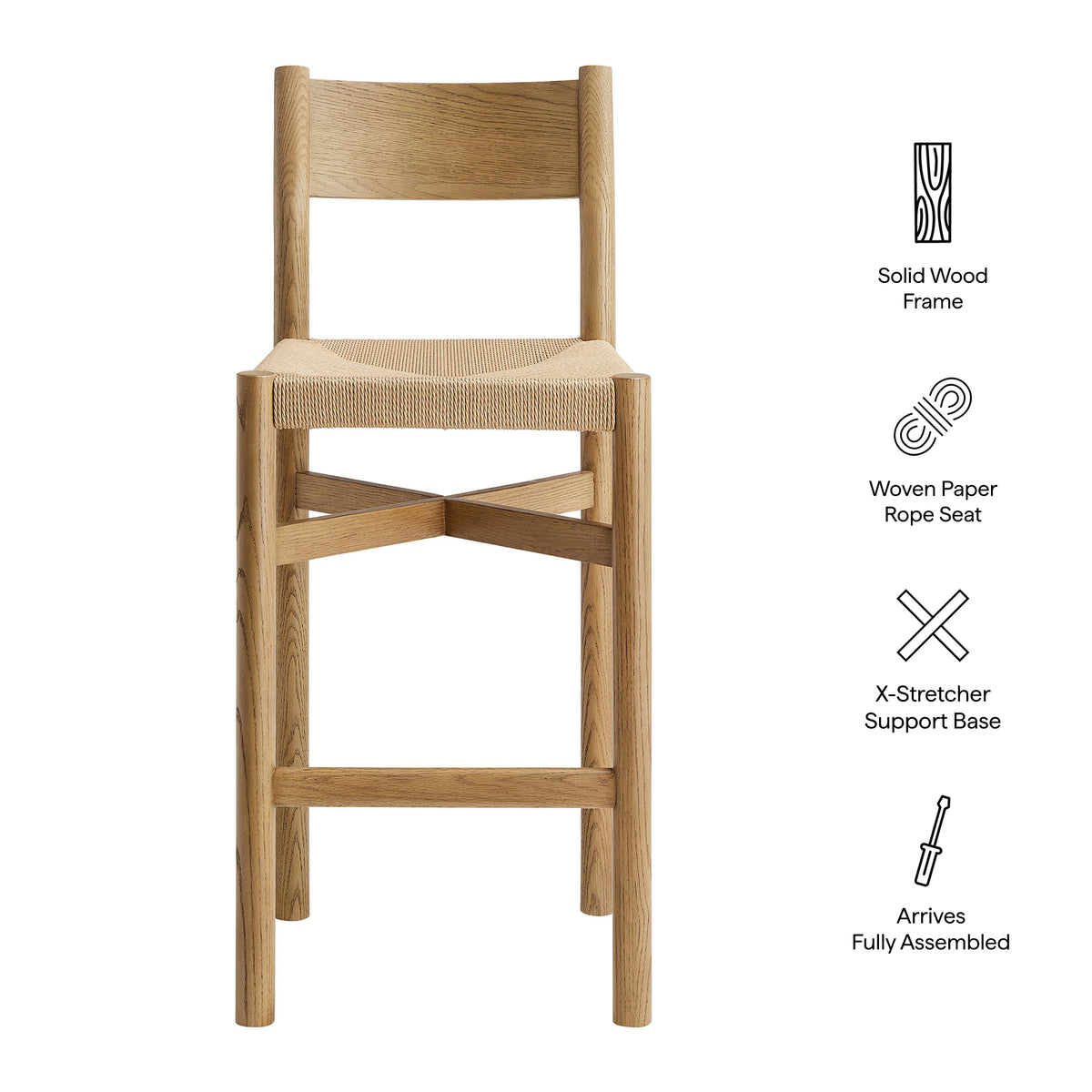 Alvia Oak Wood Bar Stools With Woven Seats Set of 2 - Weathered Oak