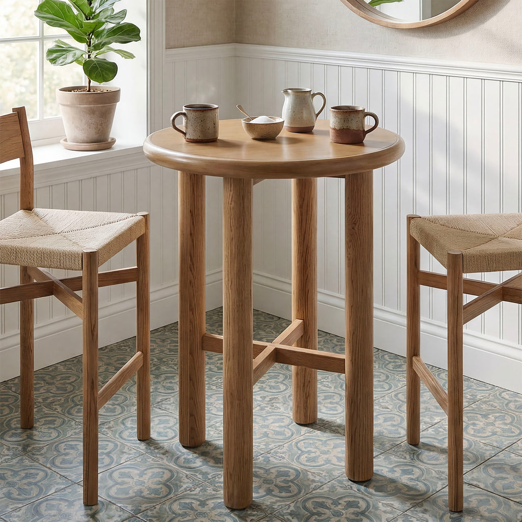 Alvia Round 30" Oak Wood Bar Table - Weathered Oak