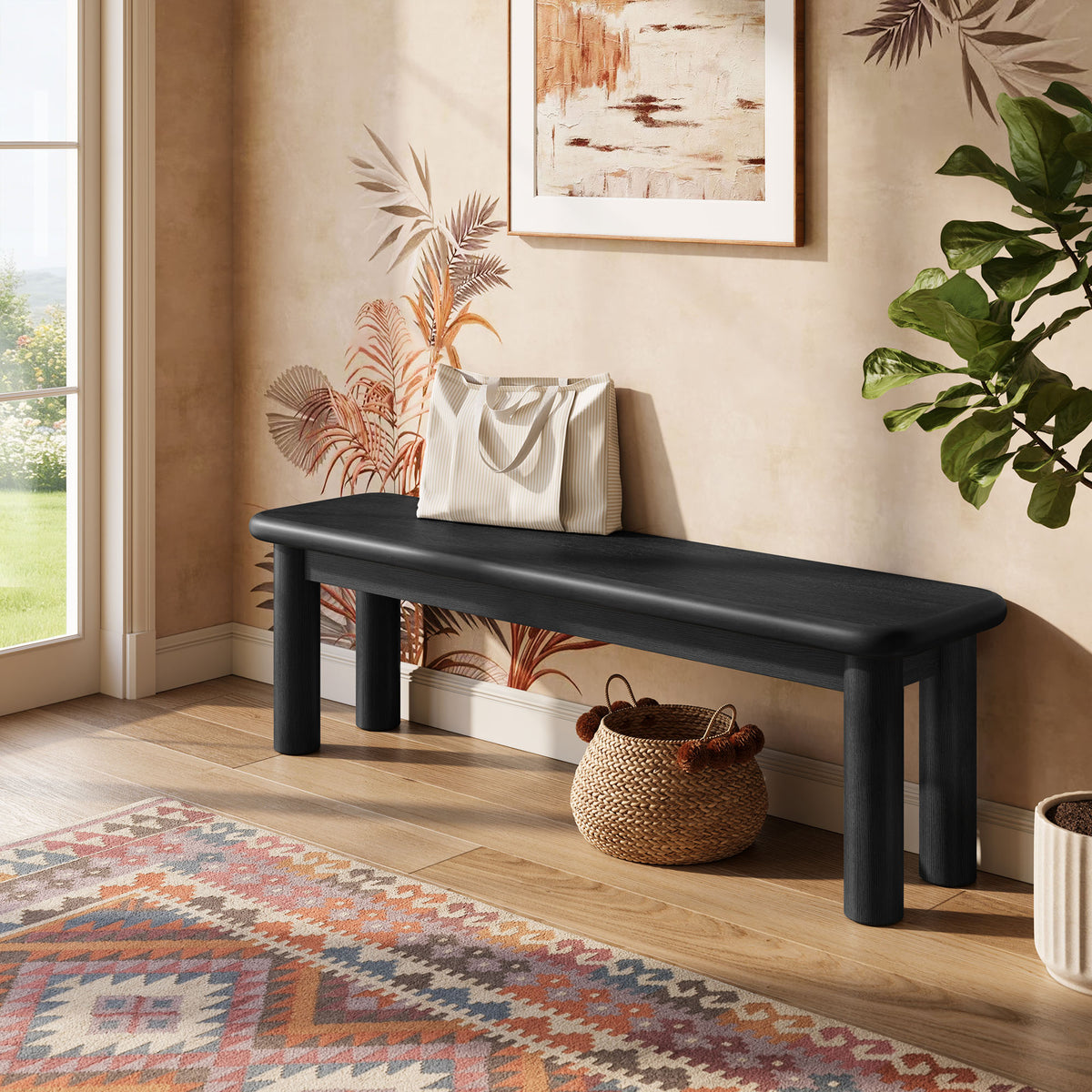 Alvia 58" Oak Wood Bench - Black