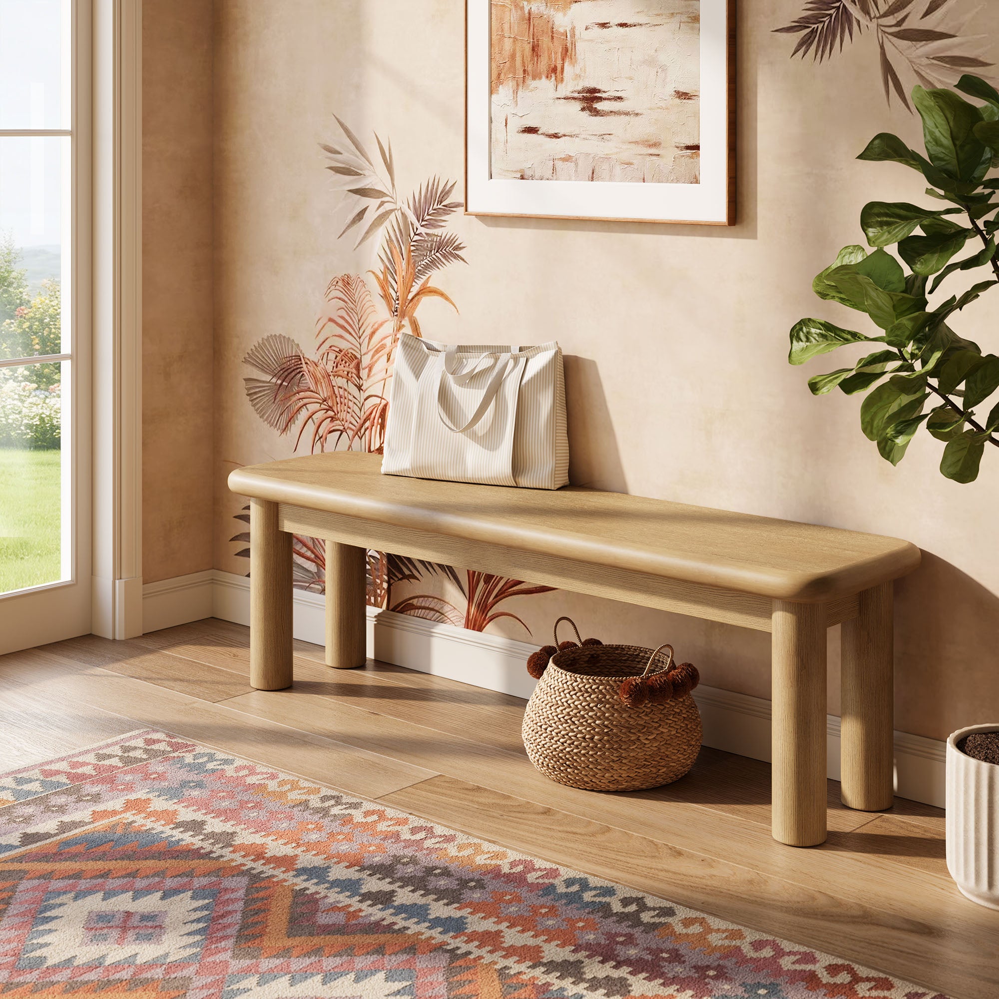 Alvia 58" Oak Wood Bench - Weathered Oak
