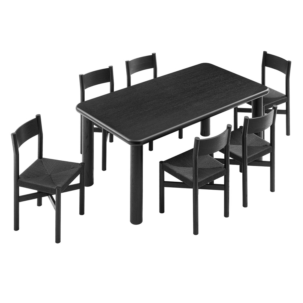 Alvia 7-Piece Oak Wood Dining Table and Chairs Set - Black