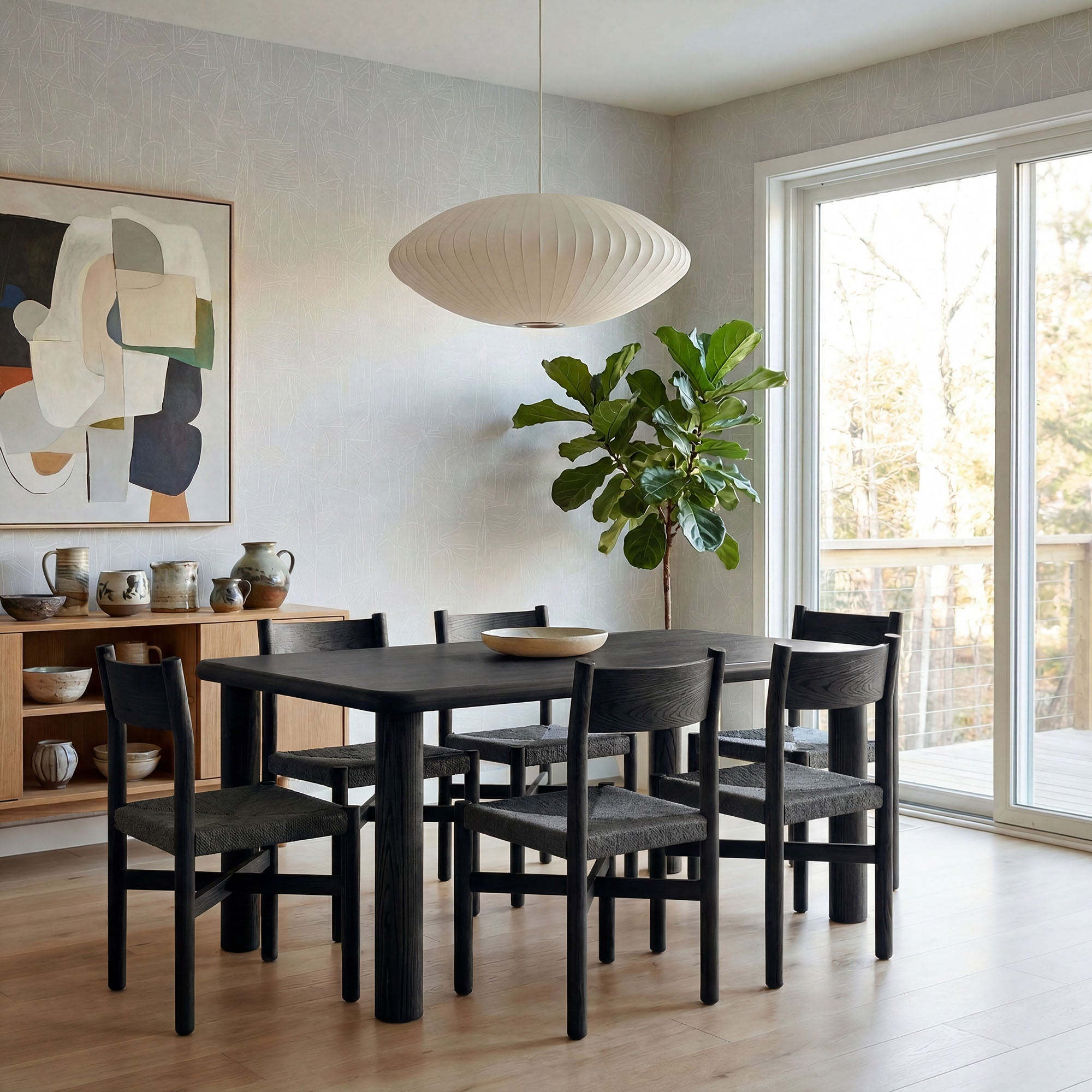 Alvia 7-Piece Oak Wood Dining Table and Chairs Set - Black
