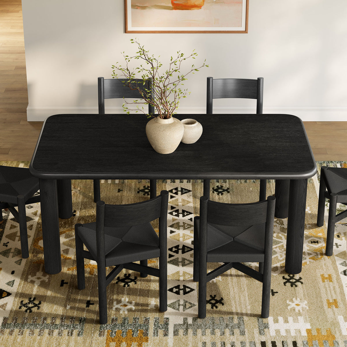 Alvia 7-Piece Oak Wood Dining Table and Chairs Set - Black