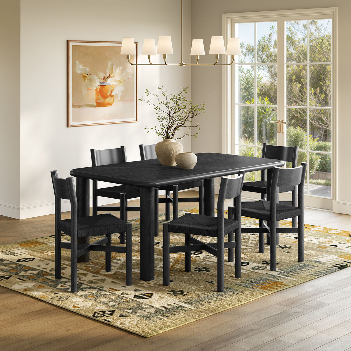 Alvia 7-Piece Oak Wood Dining Table and Chairs Set - Black