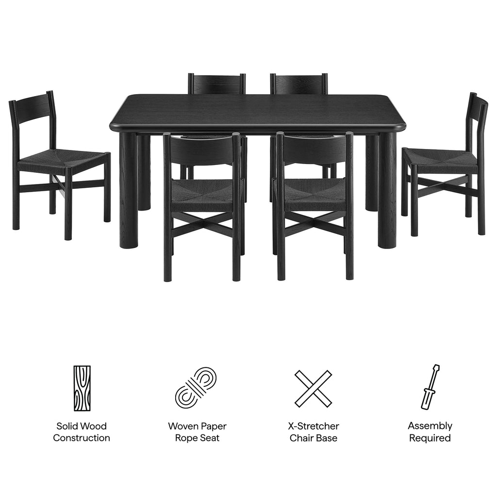 Alvia 7-Piece Oak Wood Dining Table and Chairs Set - Black