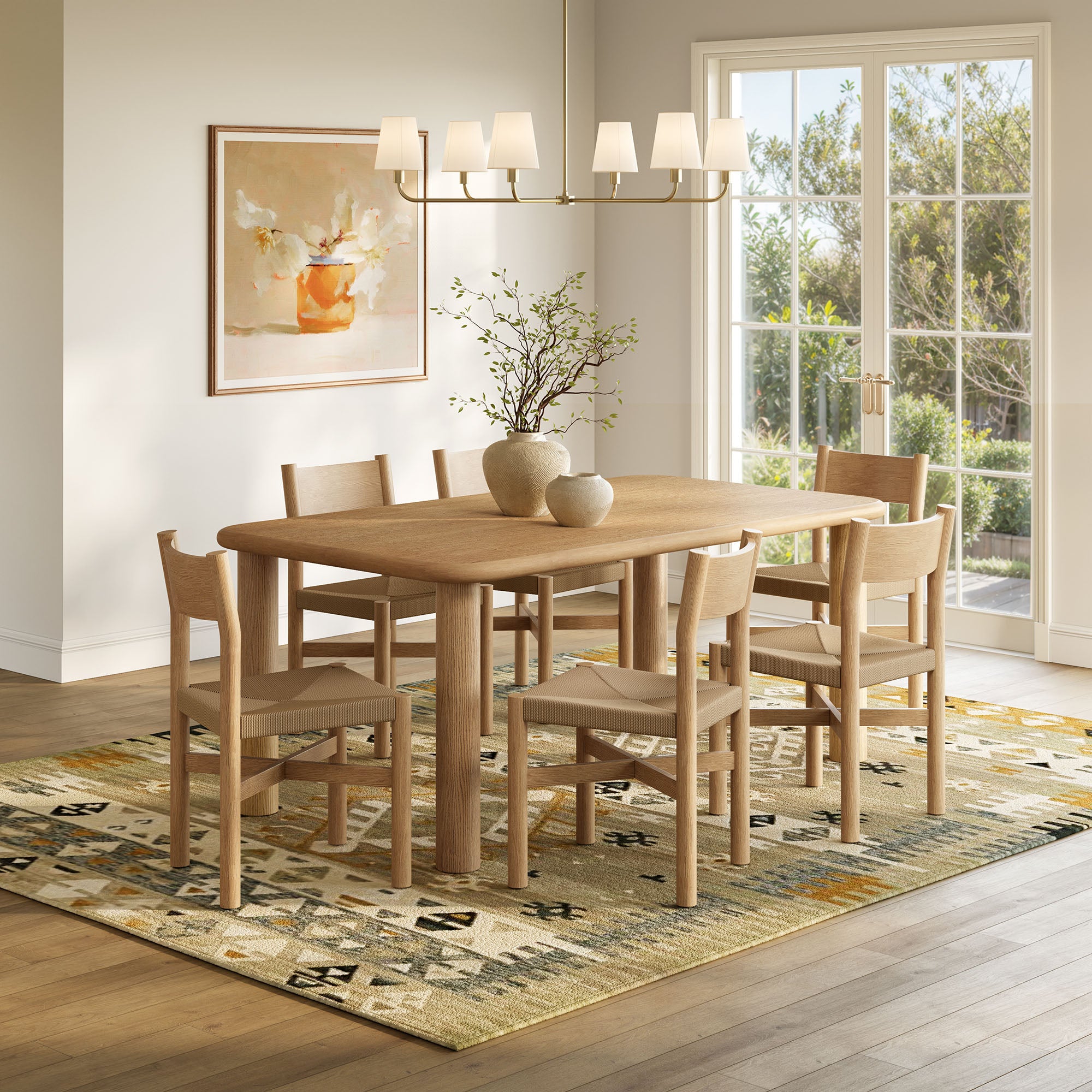 Alvia 7-Piece Oak Wood Dining Table and Chairs Set - Weathered Oak
