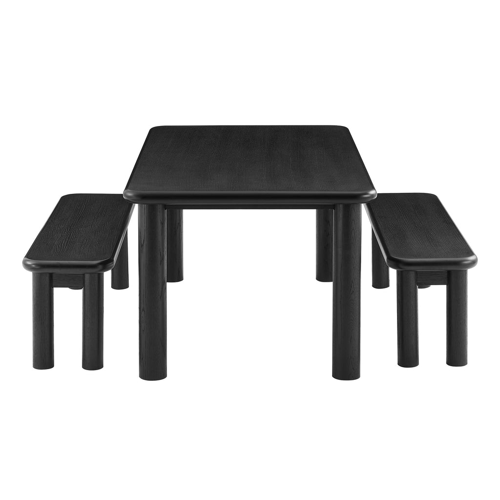 Alvia 3-Piece Oak Wood Dining Table and Benches Set - Black