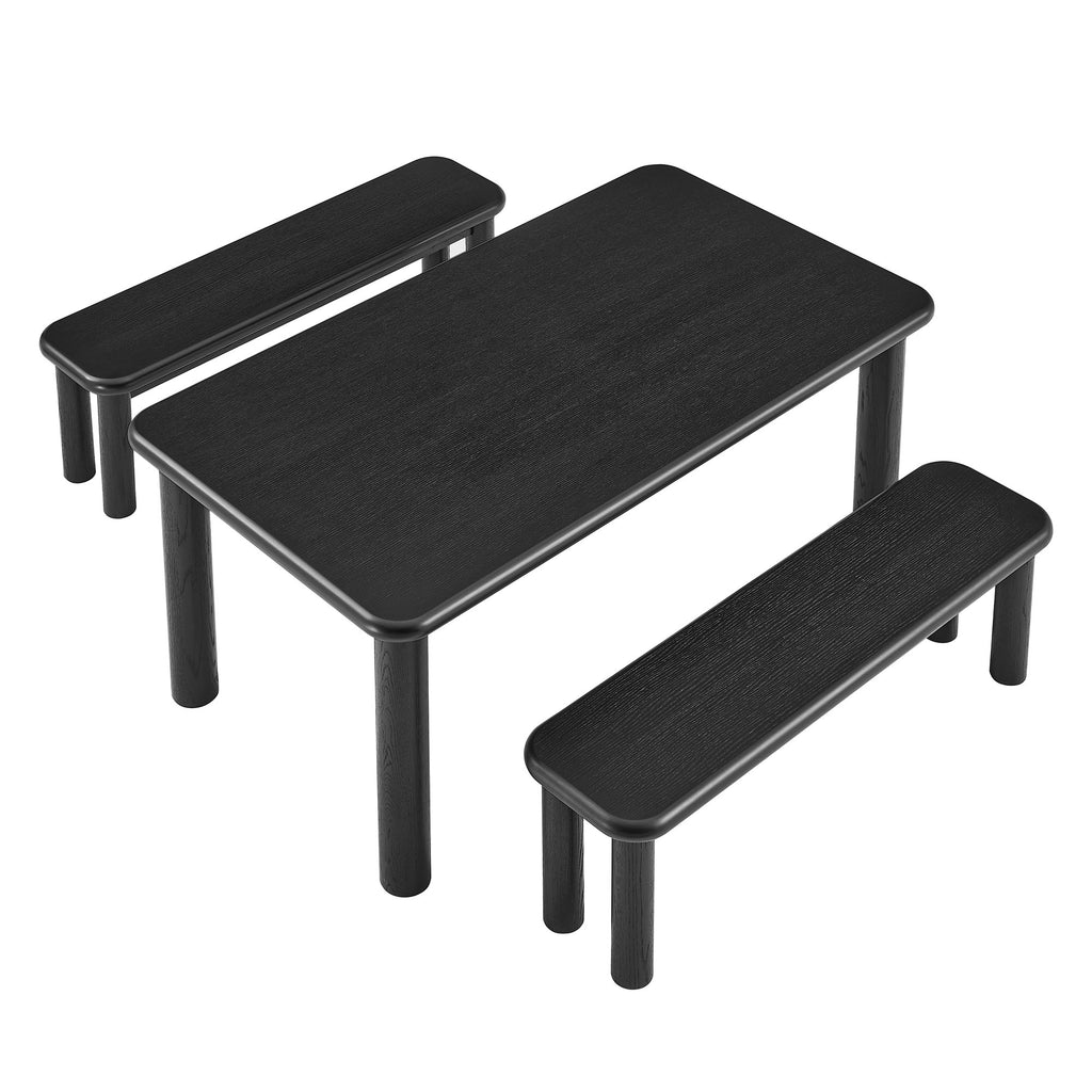 Alvia 3-Piece Oak Wood Dining Table and Benches Set - Black