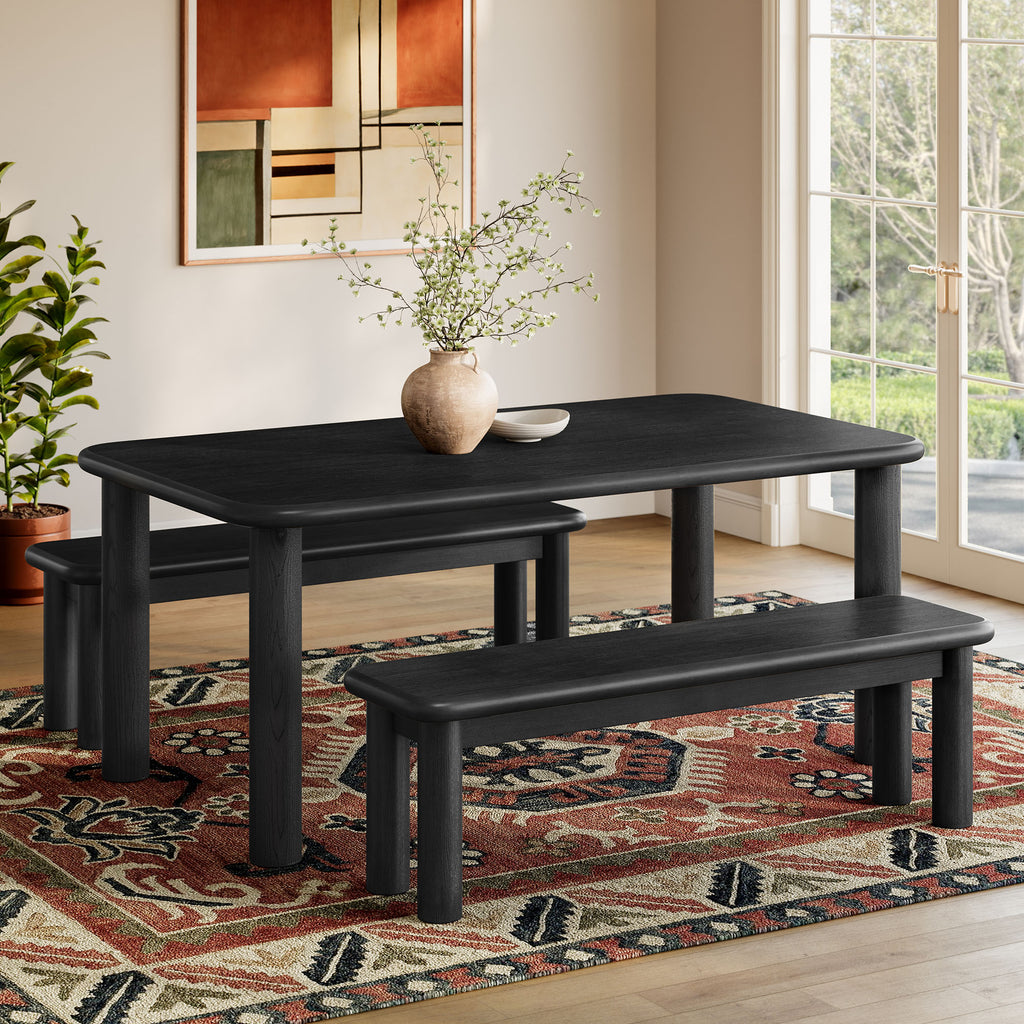 Alvia 3-Piece Oak Wood Dining Table and Benches Set - Black