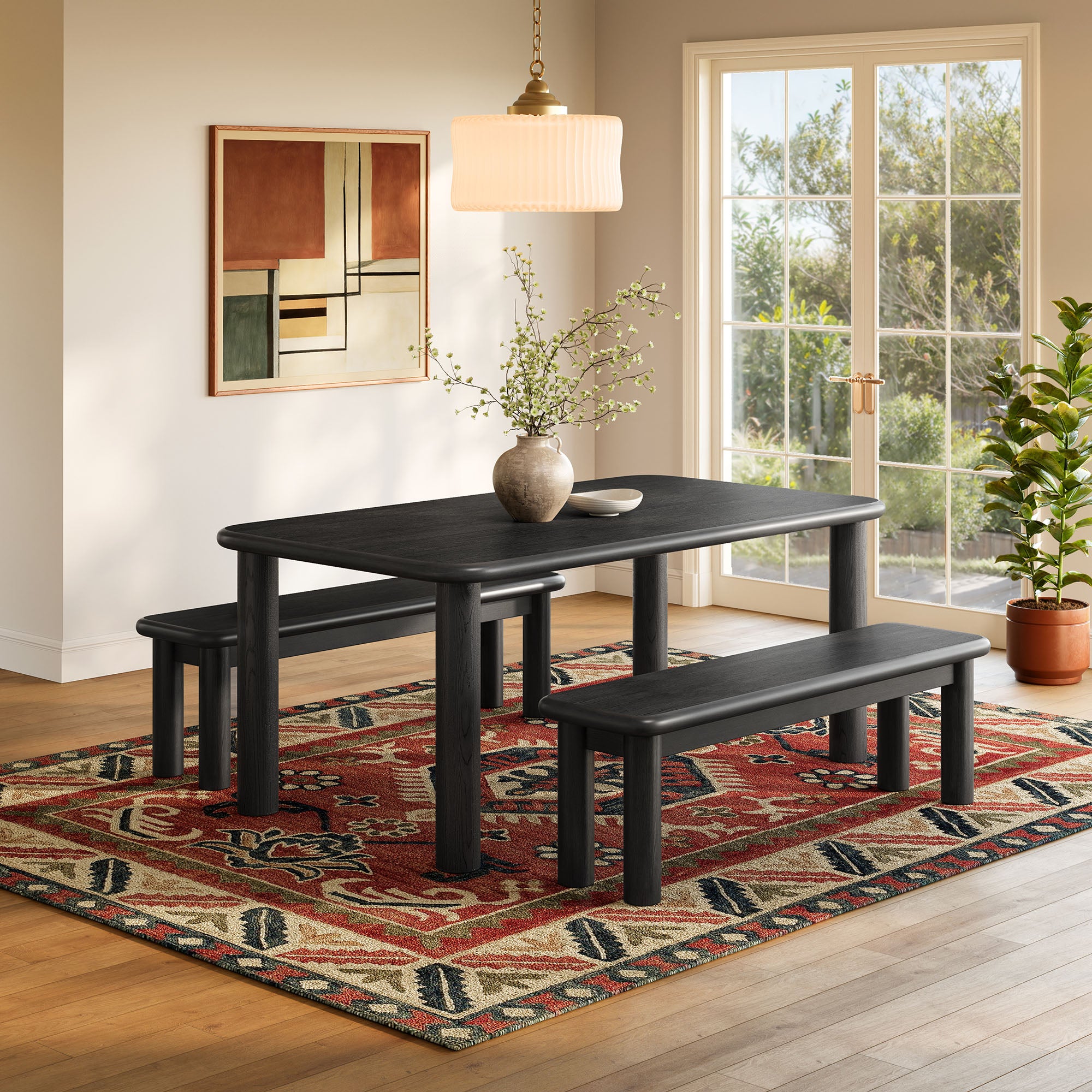 Alvia 3-Piece Oak Wood Dining Table and Benches Set - Black