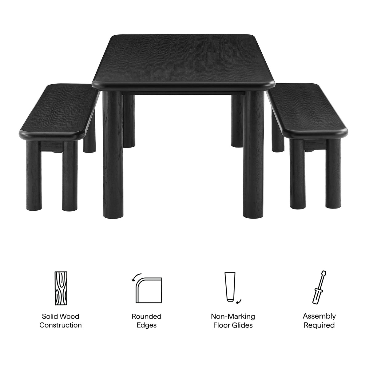 Alvia 3-Piece Oak Wood Dining Table and Benches Set - Black