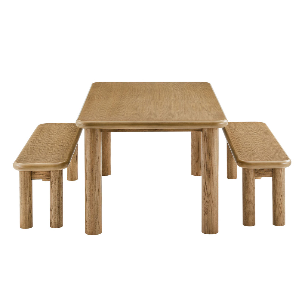 Alvia 3-Piece Oak Wood Dining Table and Benches Set - Weathered Oak