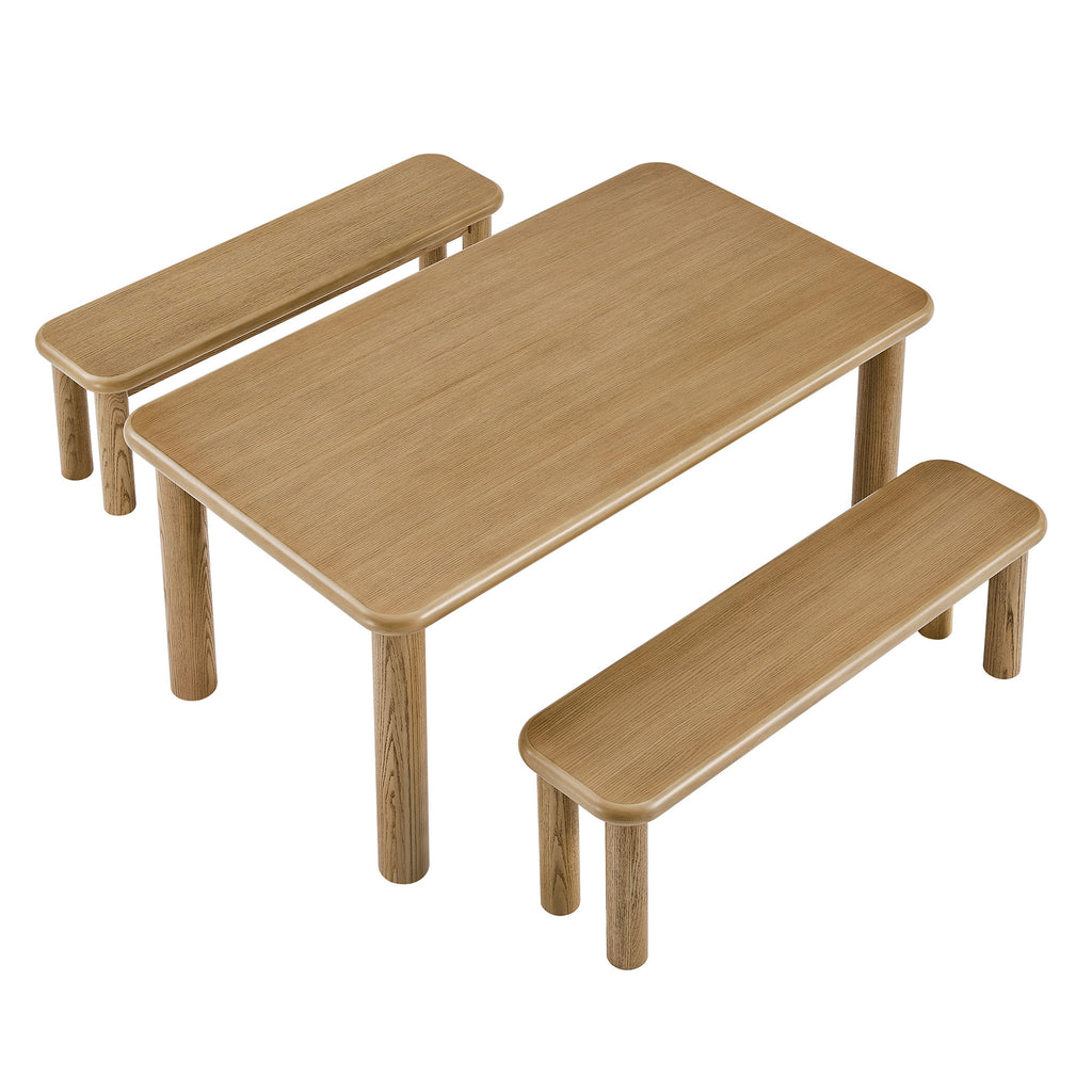 Alvia 3-Piece Oak Wood Dining Table and Benches Set - Weathered Oak
