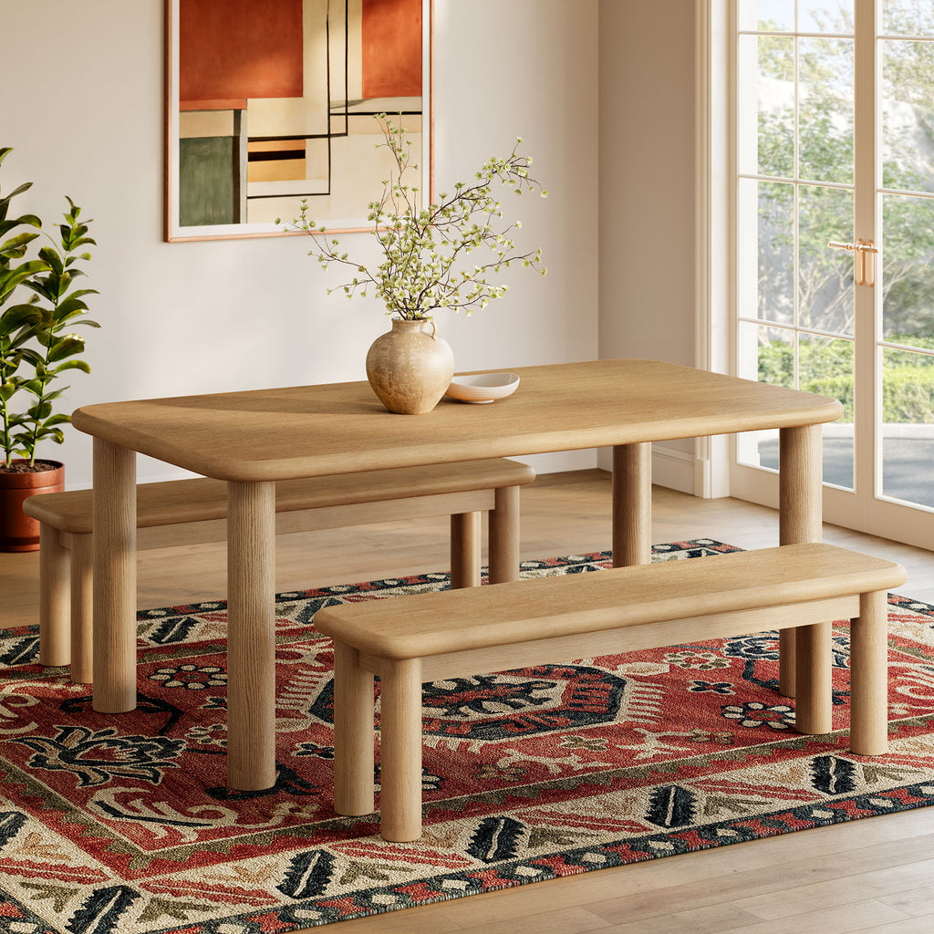 Alvia 3-Piece Oak Wood Dining Table and Benches Set - Weathered Oak