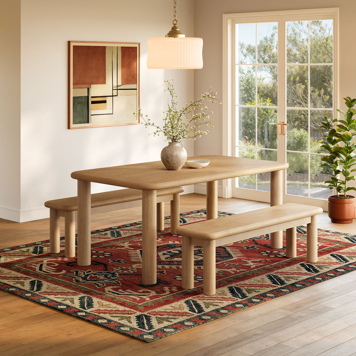 Alvia 3-Piece Oak Wood Dining Table and Benches Set - Weathered Oak